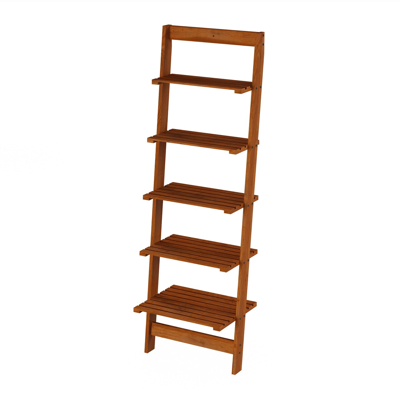 Cherry Finish Wooden Five Shelf Ladder Style Bookshelf Leaning Wall Storage